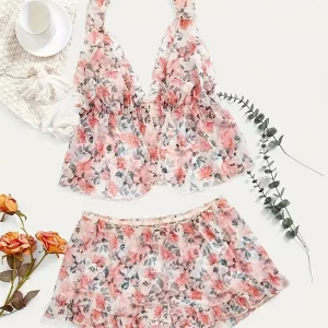Conjunto floriado con estampado de malla para mujer